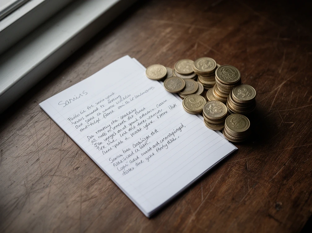 Notebook and coins used in The First £1,000 course