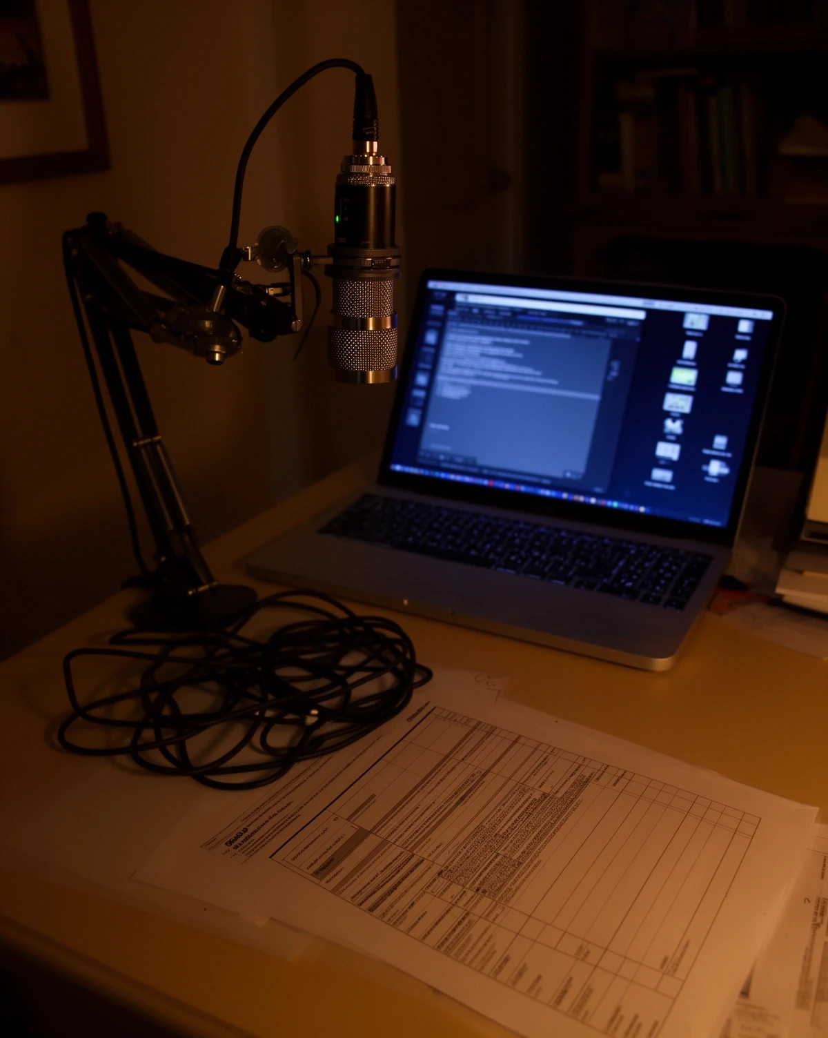 Microphone, laptop and worksheet on the recording desk