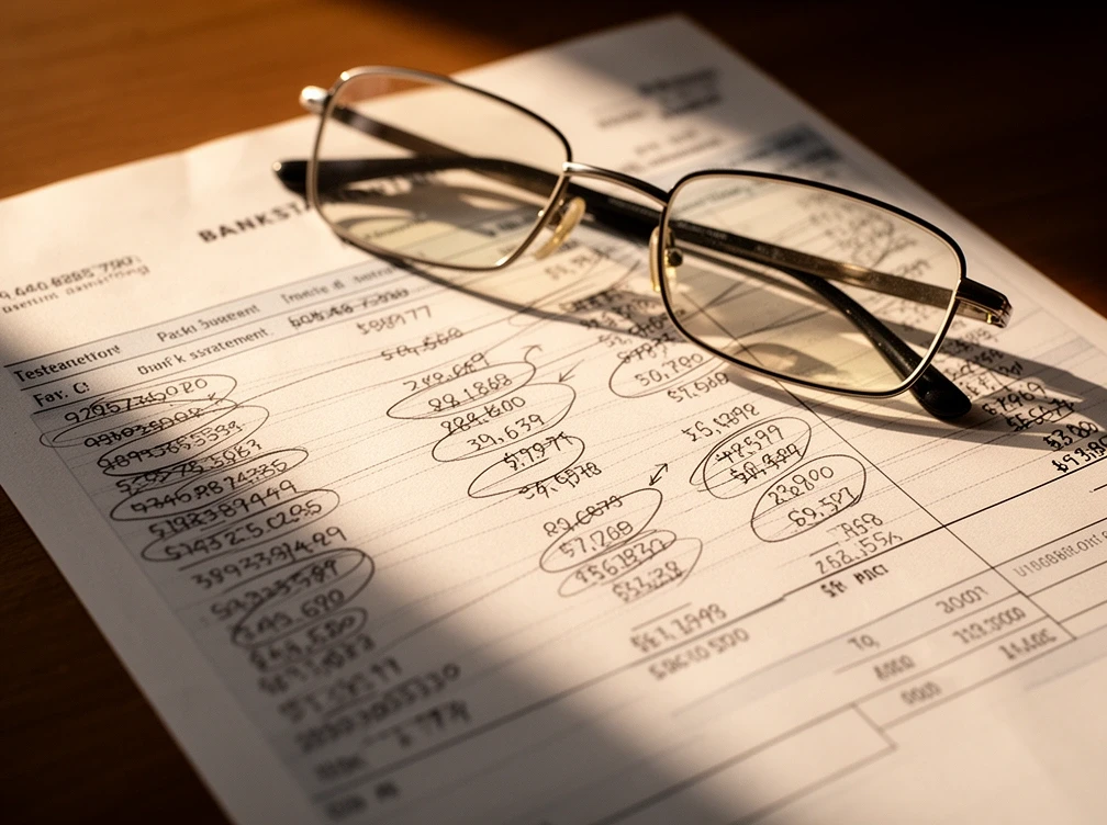 Printed bank statement marked up with a pencil